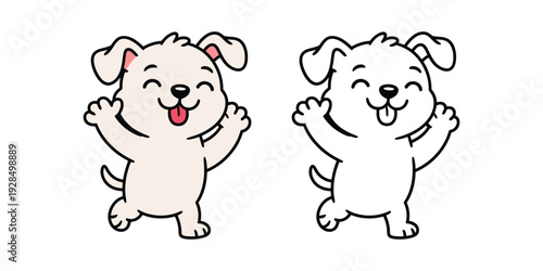 Happy cartoon dog and outline dog waving paws puppy