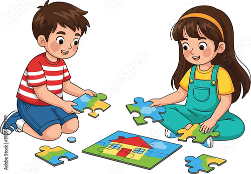 Cute children playing jigsaw puzzle together on floor colorful cartoon vector illustration
