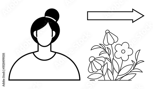 Personal growth, direction, self-discovery, transition, nature connection, identity. Minimalist woman portrait, directional arrow and flowers. Personal growth and direction symbolism