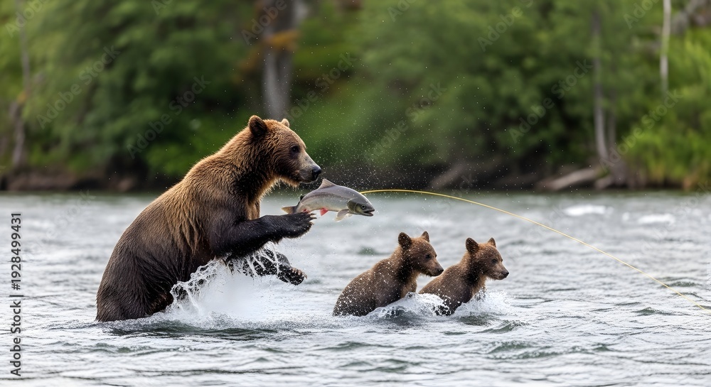 Obraz premium Mother bear catching fish with cubs in river water
