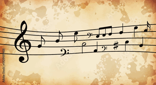 musical notes on staff, music score, treble clef, bass clef, melody concept