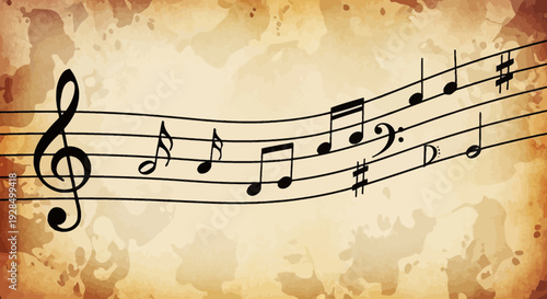 Musical notes on staff, vintage background, music score