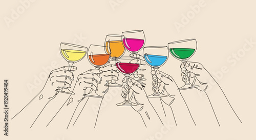 cheers with colorful wine glasses, celebration, party, toast, friendship