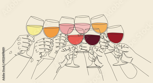 cheers wine glasses, celebration toast, friends gathering, various drinks