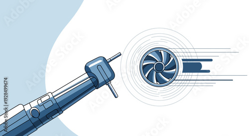 Abstract Illustration of a Mechanical Device and Turbine in Blue Tones and White Background
