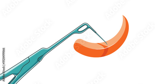 Abstract Medical Instrument Piercing an Orange Shape Against a White Background