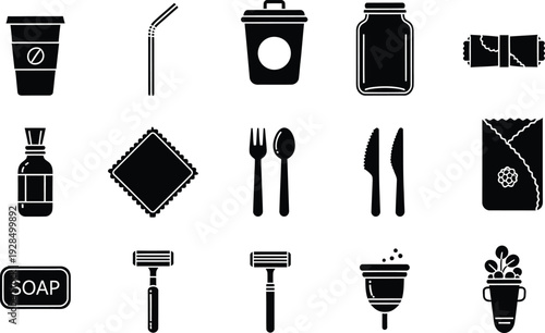 Collection of black and white icons representing zero waste and eco friendly lifestyle products.