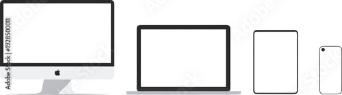 Minimal flat design illustration of desktop computer, laptop, tablet and smartphone devices isolated on gray background, modern technology mockup concept