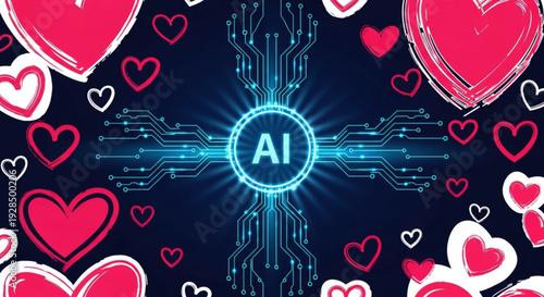 Artificial intelligence concept with neon blue circuit board and ai symbol surrounded by pink hearts on dark background futuristic technology and love theme