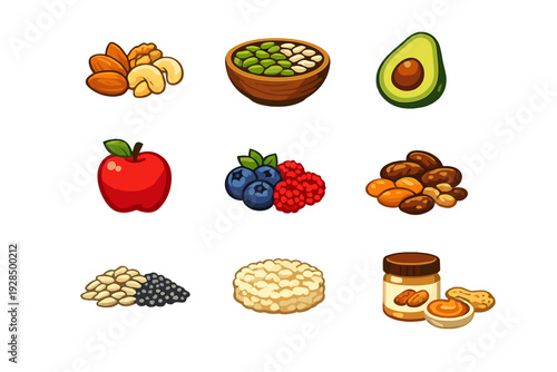 This set of nine cartoon icons displays healthy snacks including an apple, avocado, mixed nuts, berries, and seeds, presented in a vibrant illustrative style on a black backdrop.