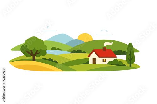 A flat vector illustration of a peaceful rural landscape featuring a small white house with a red roof, rolling green hills, a blue lake, and mountains under a sunny sky with clouds.