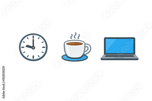 Three flat icons representing a morning work routine featuring a round analog clock, a steaming cup of hot coffee on a saucer, and an open laptop computer on a black background.