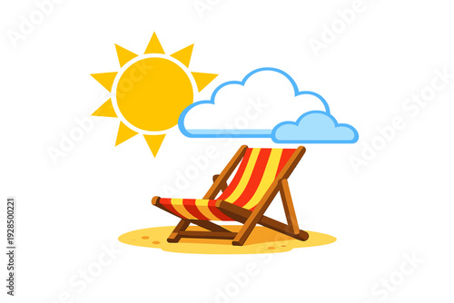 A vibrant cartoon illustration of a red and yellow striped beach chair sitting on a small patch of sand under a bright yellow sun and two fluffy blue clouds against a black background.