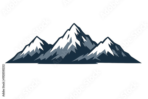 A stylized graphic illustration of three snow-capped mountain peaks against a dark background. The design features sharp angles and a minimalist palette of dark blue, grey, and white.