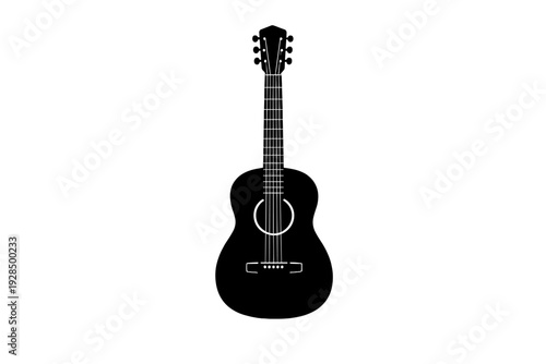 A minimalist white line illustration of a guitar neck and bridge set against a solid black background. The design features a fretboard, strings, and bridge pins in a simple style.