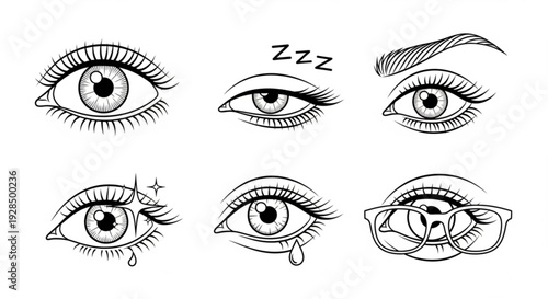 Detailed illustration of six expressive eyes showing various emotions and reactions in black and white