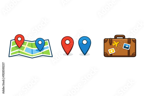 A set of travel icons featuring a folded map with location pins, separate red and blue map markers, and a brown suitcase decorated with stickers on a black background.