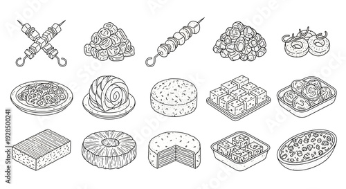 Traditional middle eastern food illustration, line art, monochrome dishes