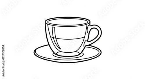 A simple line drawing of a teacup on a saucer empty and ready for use in a kitchen or cafe setting with a minimalist style