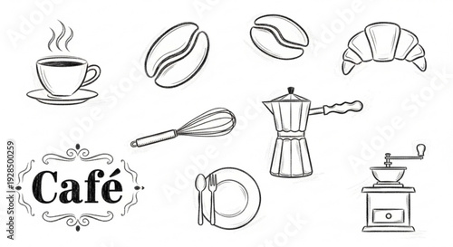 Cafe icons including coffee cup croissant coffee beans and kitchen tools on white background