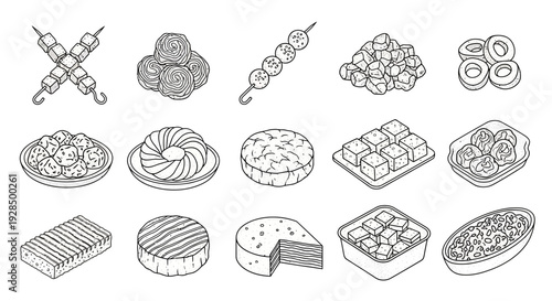 assorted food illustrations, culinary sketches, delicious dishes, tasty meals