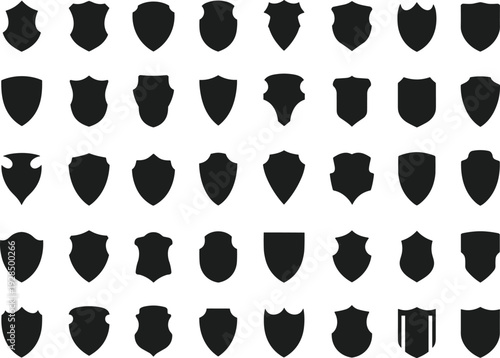 Shield badge silhouettes set isolated on white background, blank heraldic crest shapes collection for logo design, security emblem and branding template