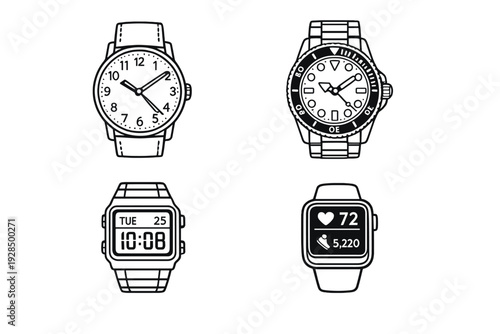 A collection of four black and white line art icons representing different types of wristwatches, including analog, digital, diver, and smartwatch styles on a plain background.