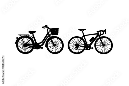 Two black silhouettes of different bicycle types are shown against a white background. One is a city bike with a front basket, and the other is a road bike with drop handlebars.