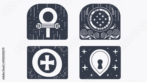 Four minimalist, stylized illustrations with contrasting dark blue backgrounds, various shapes and symbols