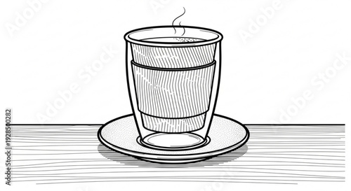 Steaming hot cup on saucer black and white line drawing coffee or tea on wooden table simple still life