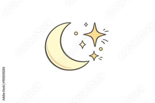 This minimalist illustration features a pale yellow crescent moon surrounded by several four-pointed stars and small dots on a solid black background. It has a clean, cartoonish style.