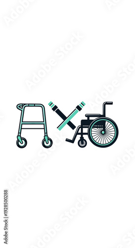 Accessibility Support Design: Walker, Crutches, And Wheelchair, Symbolizing Assistance And Mobility