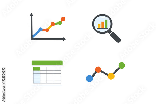 A set of four flat vector icons representing data analysis and business growth, including line graphs, a magnifying glass over a bar chart, and a spreadsheet on a black background.