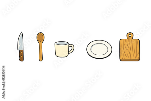 A collection of five kitchen utensil illustrations including a knife, a wooden spoon, a ceramic mug, a white plate, and a wooden cutting board, all set against a solid black background.