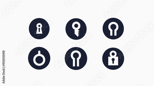 Collection of six stylized keyhole and lock icons in white on dark blue circles