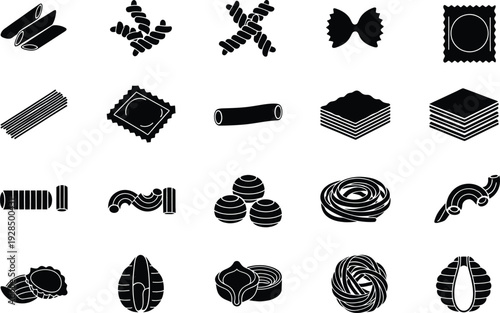 Collection of twenty black and white icons representing various types of italian pasta shapes.