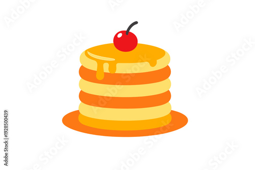 A flat illustration of a stack of six golden pancakes topped with dripping syrup and a single red cherry, set against a solid black background on an orange plate.