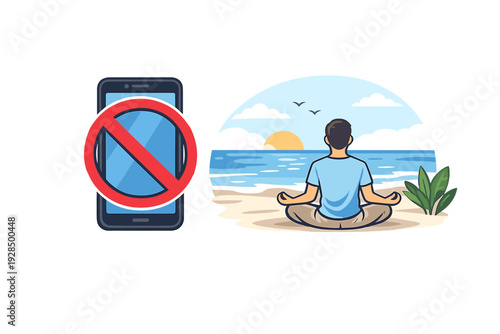 An illustration of a man meditating on a beach during sunset next to a smartphone with a red prohibition sign, representing a digital detox and mindfulness practice.