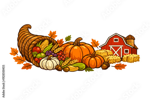 This autumn harvest illustration showcases a cornucopia overflowing with seasonal produce, pumpkins, hay bales, and a classic red barn, celebrating the bounty of fall.