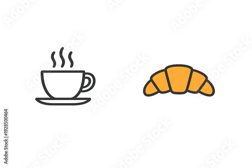 A minimalist illustration featuring a steaming cup of hot coffee on a saucer next to a golden-orange croissant. The simple icons are centered against a solid black background.