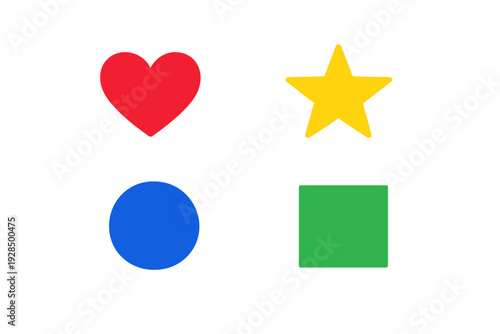 A collection of four basic geometric shapes including a red heart, a yellow star, a blue circle, and a green square arranged in a two-by-two grid on a solid black background.
