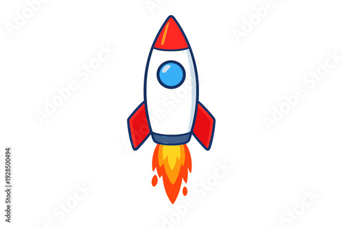 A stylized illustration of a space rocket with a white fuselage, red nose, and fins launching into the air with orange fire exhaust against a solid black background.