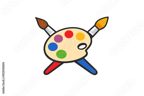 A flat vector illustration of a wooden artist palette with five colorful paint blobs and two crossed paintbrushes with red and blue handles against a solid black background.