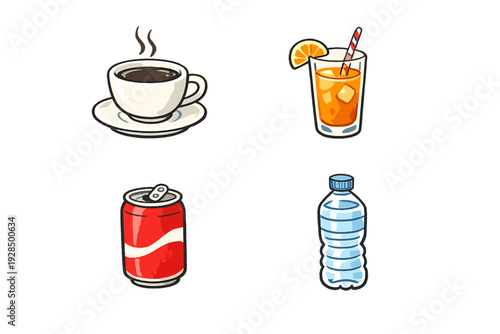 A collection of four beverage illustrations including a cup of hot coffee, a glass of iced orange juice with a straw, a red soda can, and a plastic water bottle on a black background.