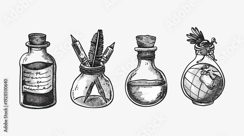 Line art illustration of vintage ink bottles with tools and world, hand drawn and isolated