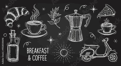 Breakfast & coffee chalkboard illustration, croissant, coffee cup, moka pot, pizza, scooter