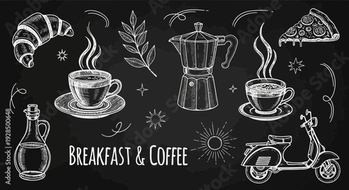 Breakfast and coffee chalkboard illustration, croissant, coffee cups, scooter