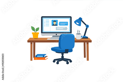 A flat vector illustration of a modern home office setup featuring a computer monitor on a wooden desk, a blue chair, a desk lamp, a steaming mug, and a potted plant.