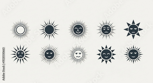 Set of black and white sun symbols with various facial expressions on light gray background