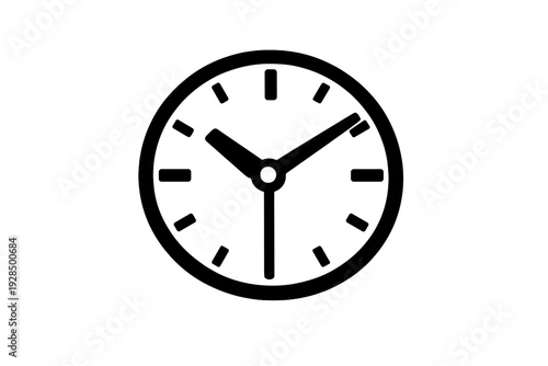 A minimalist white analog clock icon is centered on a solid black background. The clock face features simple hour markers and three hands indicating a specific time of day.
